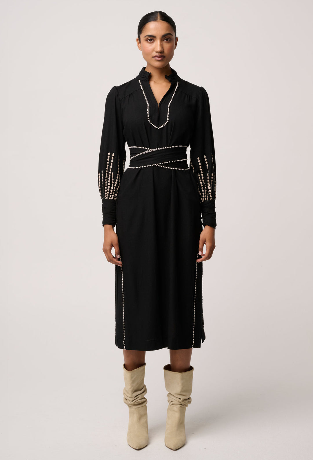 Once Was | Edith Linen Viscose Embroidered Midi Dress | Black