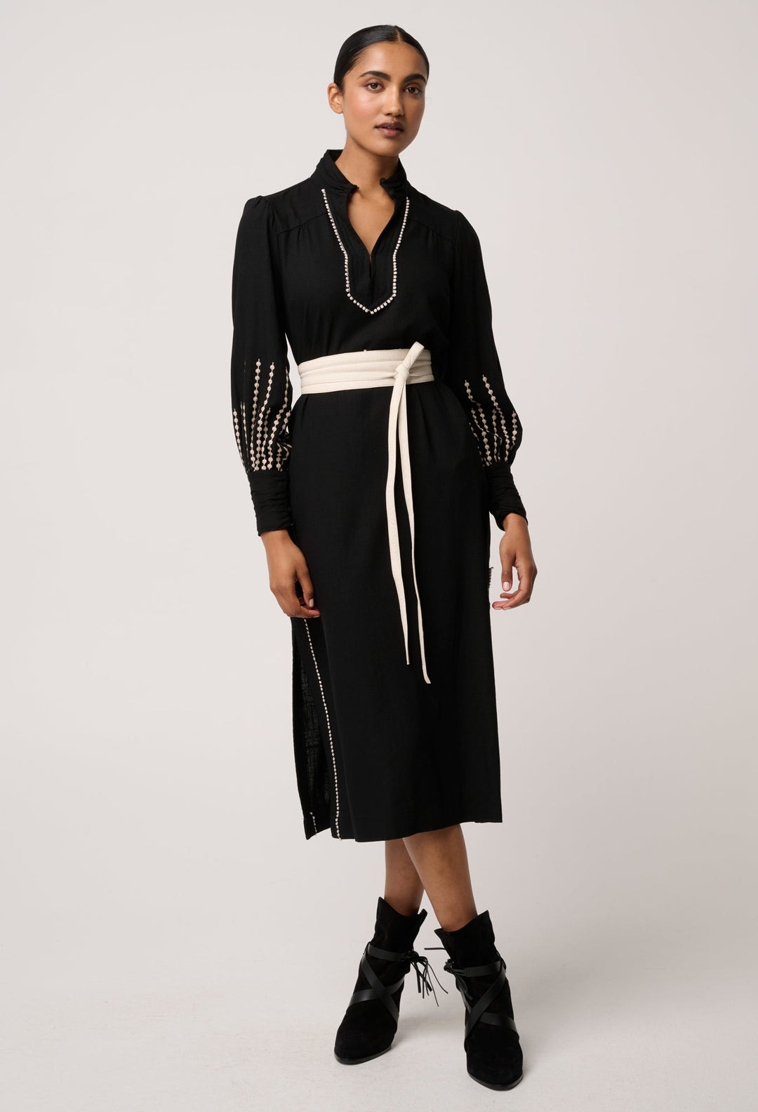 Once Was | Edith Linen Viscose Embroidered Midi Dress | Black