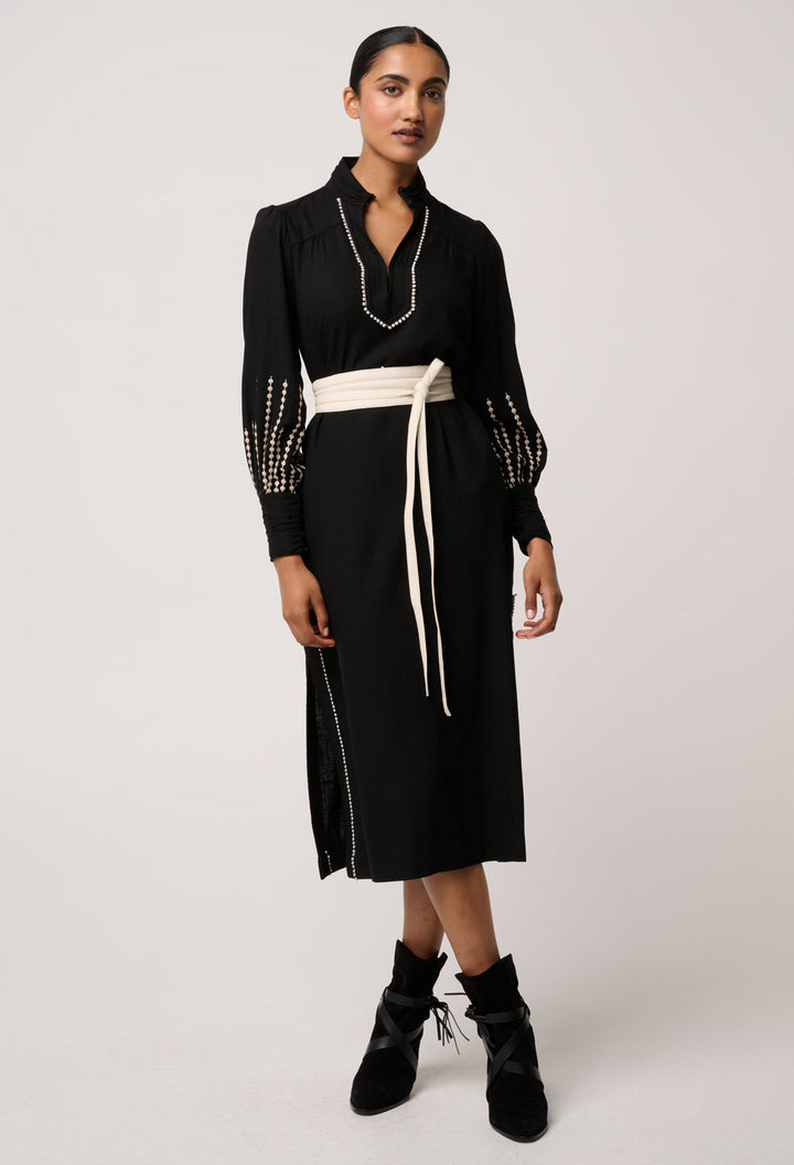 Once Was | Edith Linen Viscose Embroidered Midi Dress | Black