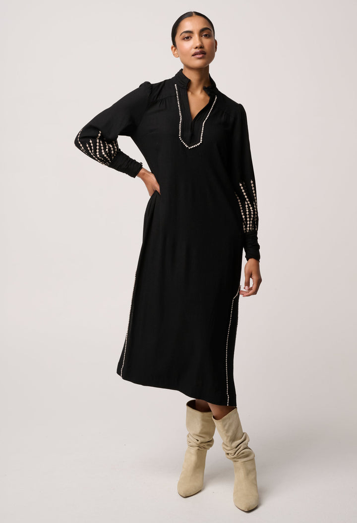 Once Was | Edith Linen Viscose Embroidered Midi Dress | Black