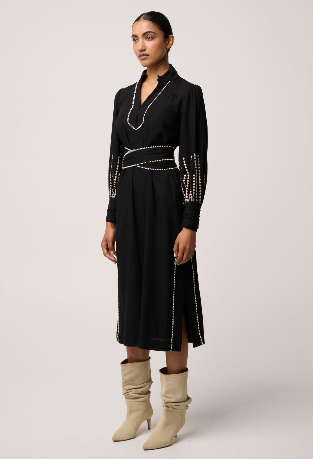Once Was | Edith Linen Viscose Embroidered Midi Dress | Black