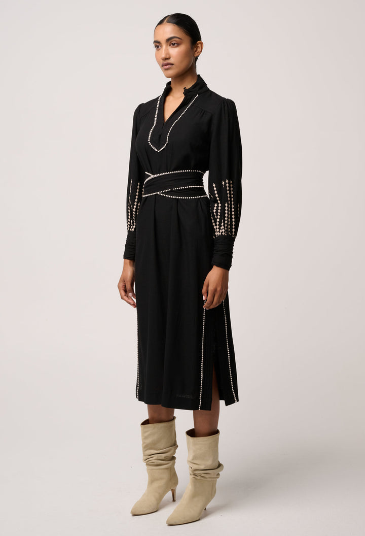 Once Was | Edith Linen Viscose Embroidered Midi Dress | Black