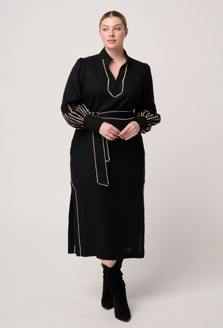 Once Was | Edith Linen Viscose Embroidered Midi Dress | Black