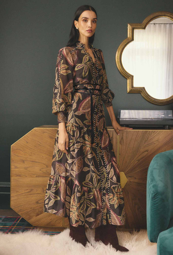 Once Was | Wanderlust Pearl Embellished Maxi Dress | Dark Tropique - Dutch Hideout