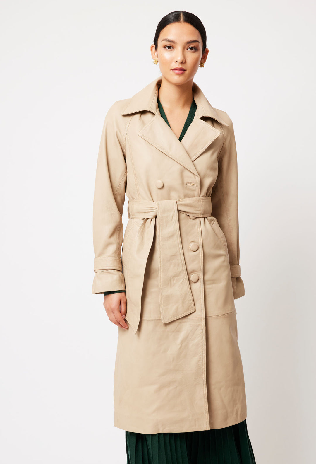 Once Was | Astra Leather Trench Coat | Oatmeal