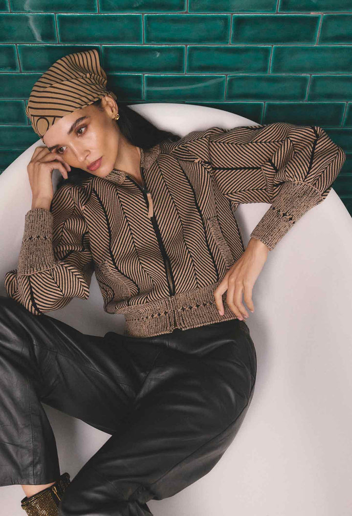 Once Was | Jeanne Wool Blend Textured Knit Bomber Jacket | Tan Chevron - Dutch Hideout