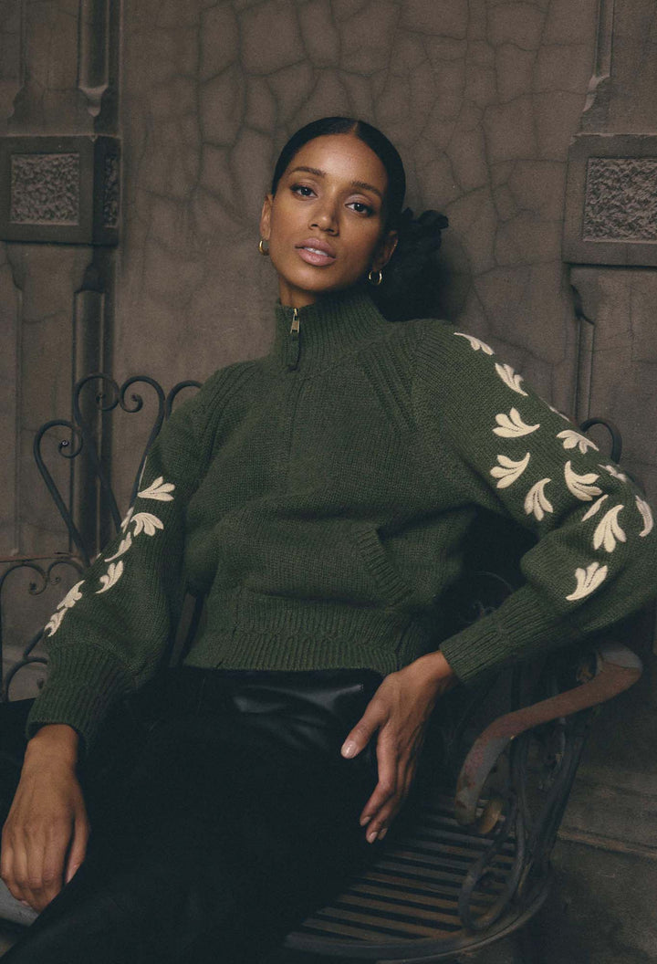Once Was | Carmela Embroidered Knitted Bomber | Oliva