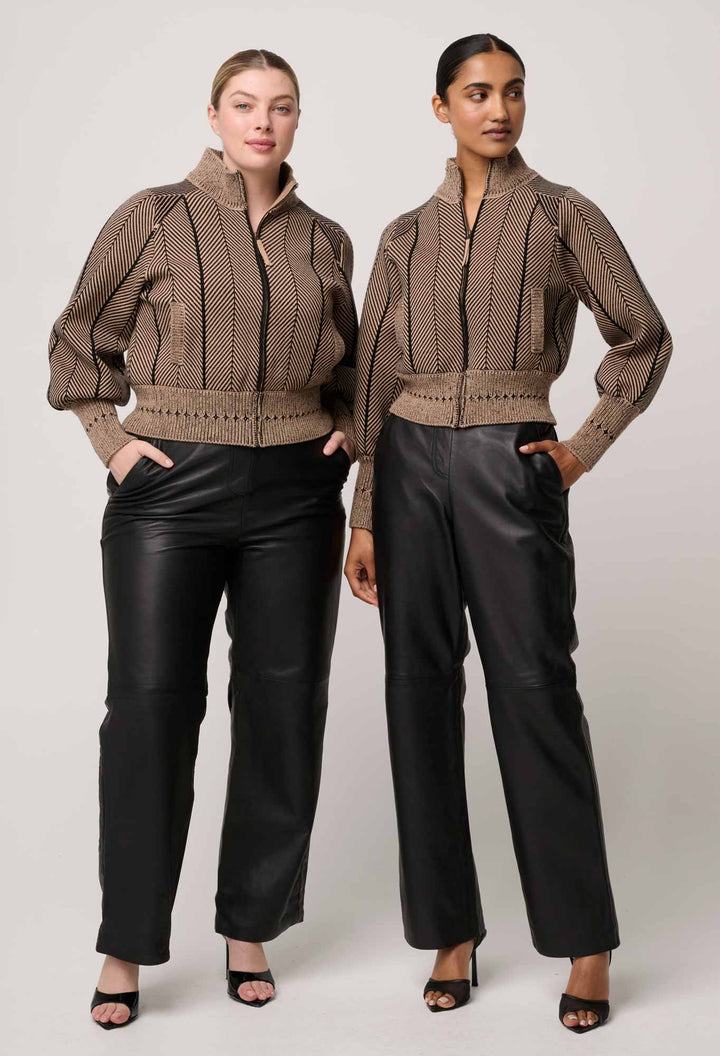 Once Was | Jeanne Wool Blend Textured Knit Bomber Jacket | Tan Chevron - Dutch Hideout