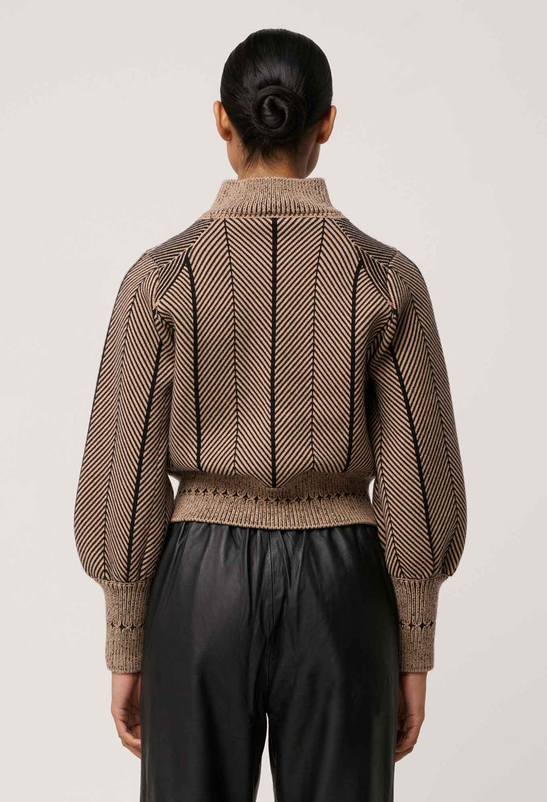 Once Was | Jeanne Wool Blend Textured Knit Bomber Jacket | Tan Chevron - Dutch Hideout