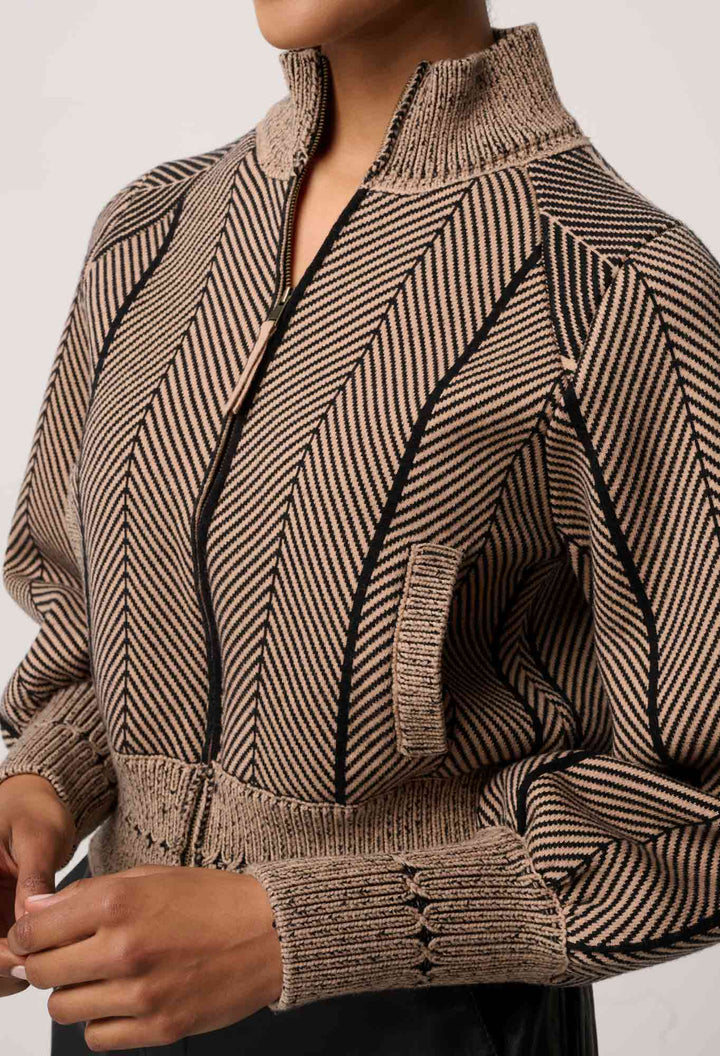 Once Was | Jeanne Wool Blend Textured Knit Bomber Jacket | Tan Chevron - Dutch Hideout
