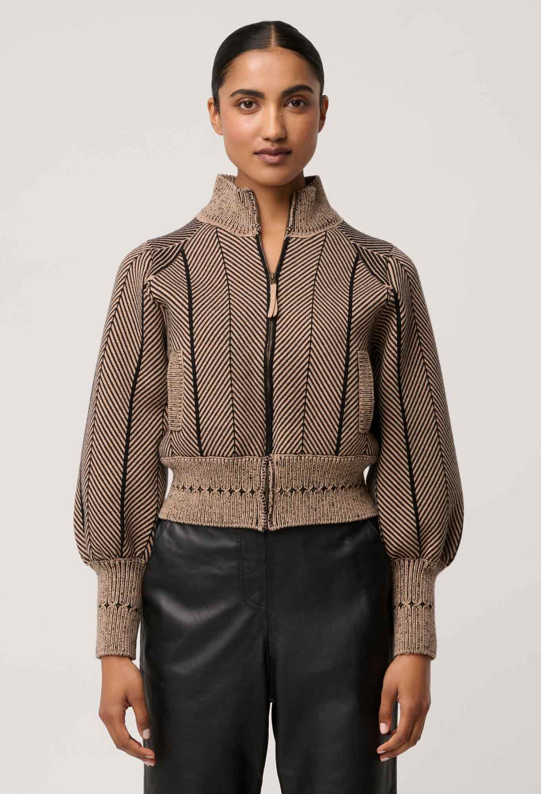Once Was | Jeanne Wool Blend Textured Knit Bomber Jacket | Tan Chevron - Dutch Hideout