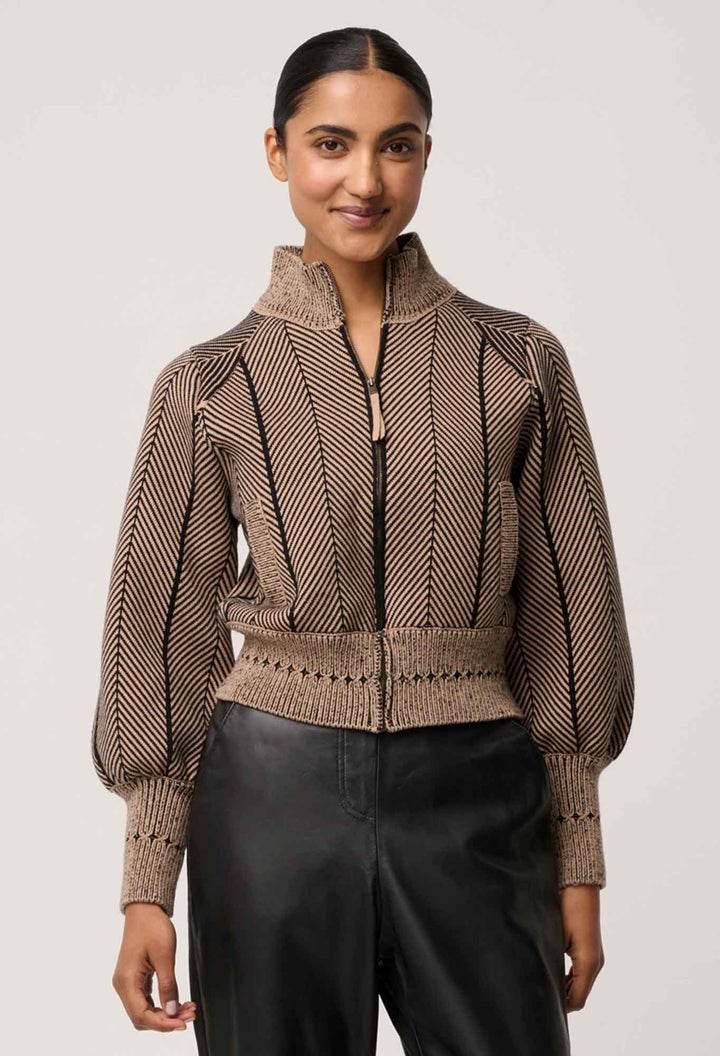 Once Was | Jeanne Wool Blend Textured Knit Bomber Jacket | Tan Chevron - Dutch Hideout