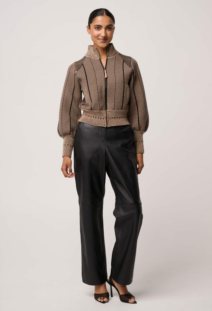 Once Was | Jeanne Wool Blend Textured Knit Bomber Jacket | Tan Chevron - Dutch Hideout