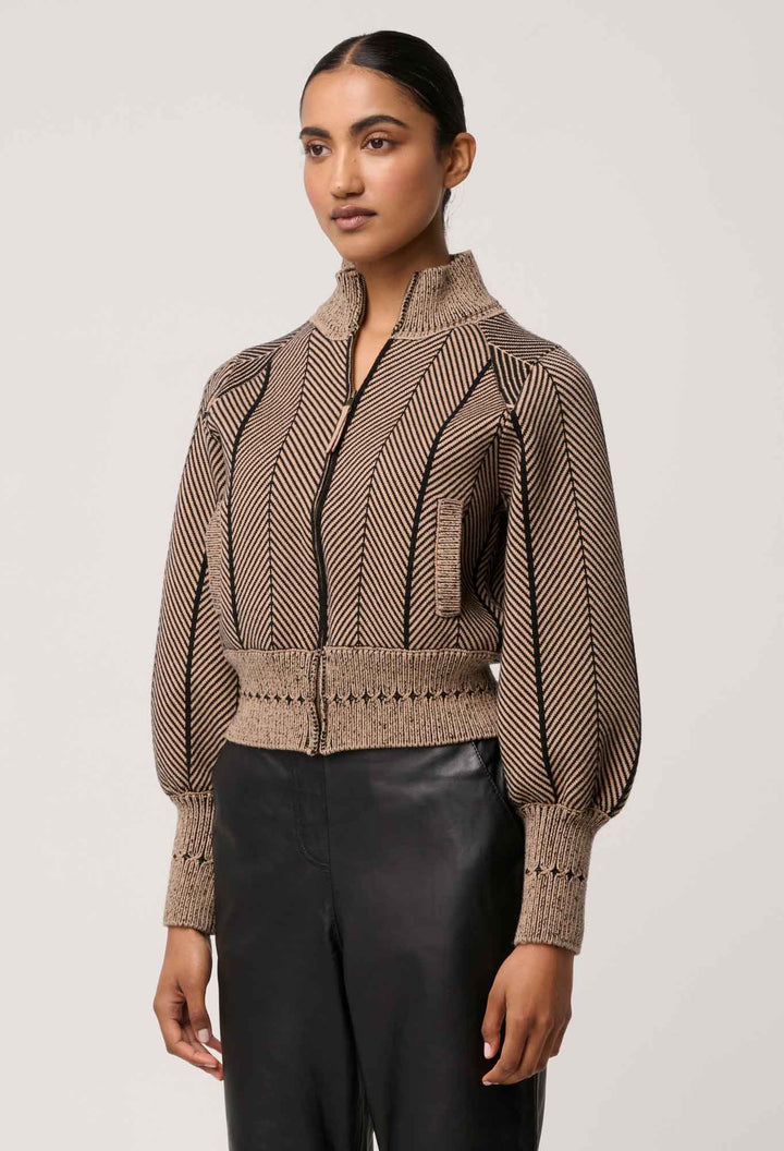 Once Was | Jeanne Wool Blend Textured Knit Bomber Jacket | Tan Chevron - Dutch Hideout