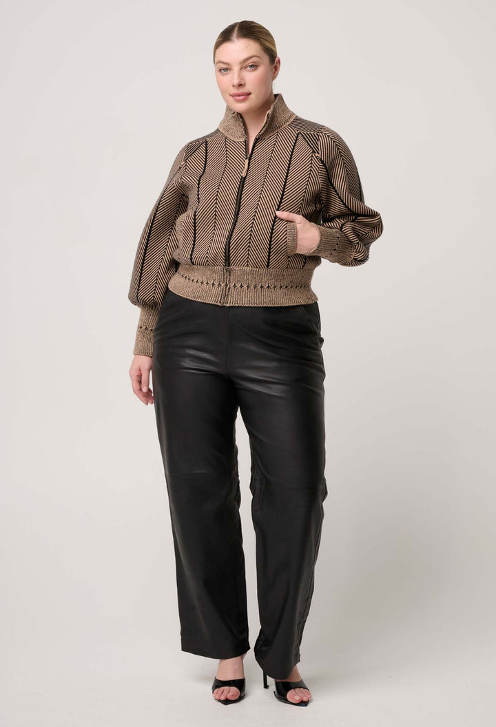Once Was | Jeanne Wool Blend Textured Knit Bomber Jacket | Tan Chevron - Dutch Hideout