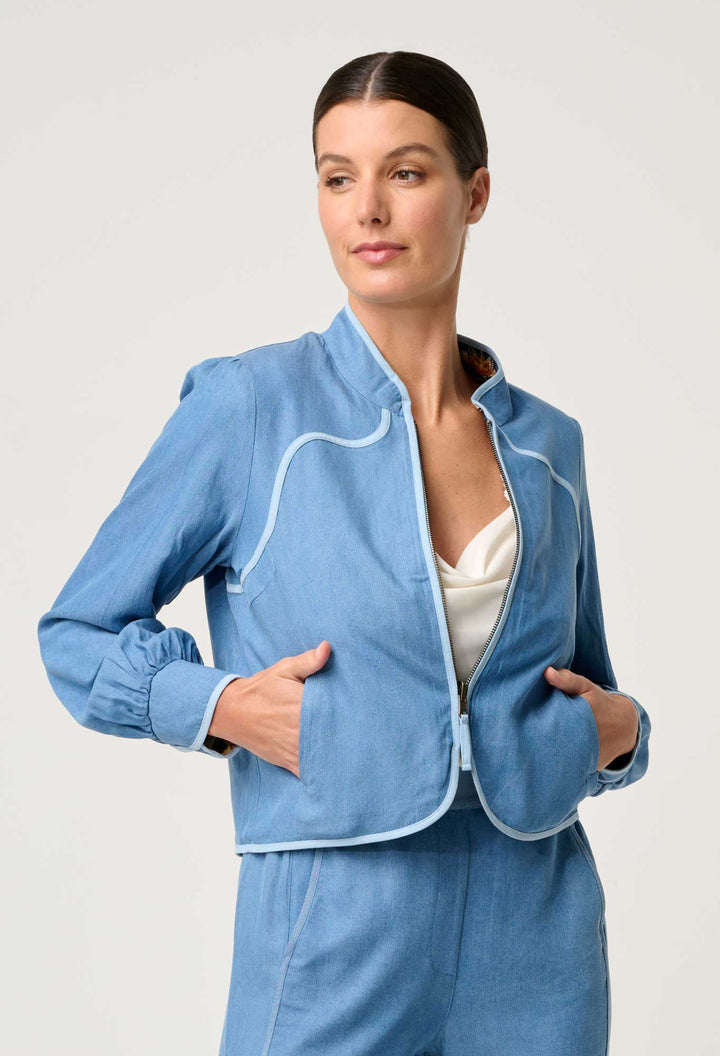 Once Was | Aurora Reversible Viscose & Tencel Fringe Jacket | Petinos Floros / Blue Ash