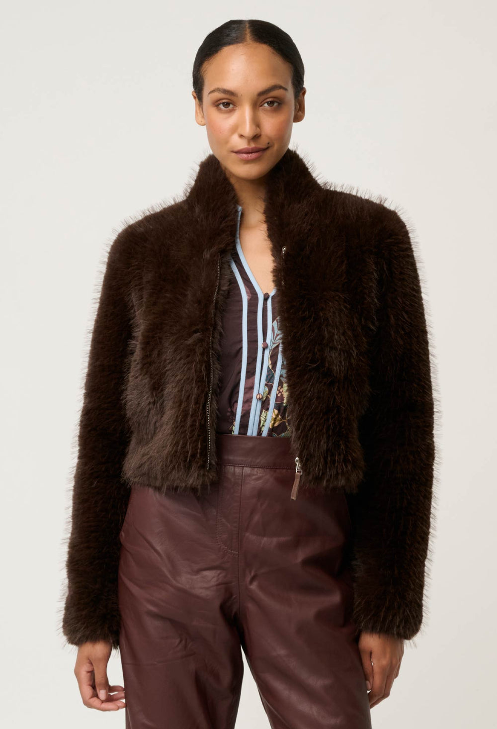 Once Was | Dawn Faux Fur Cropped Jacket | Walnut - Dutch Hideout