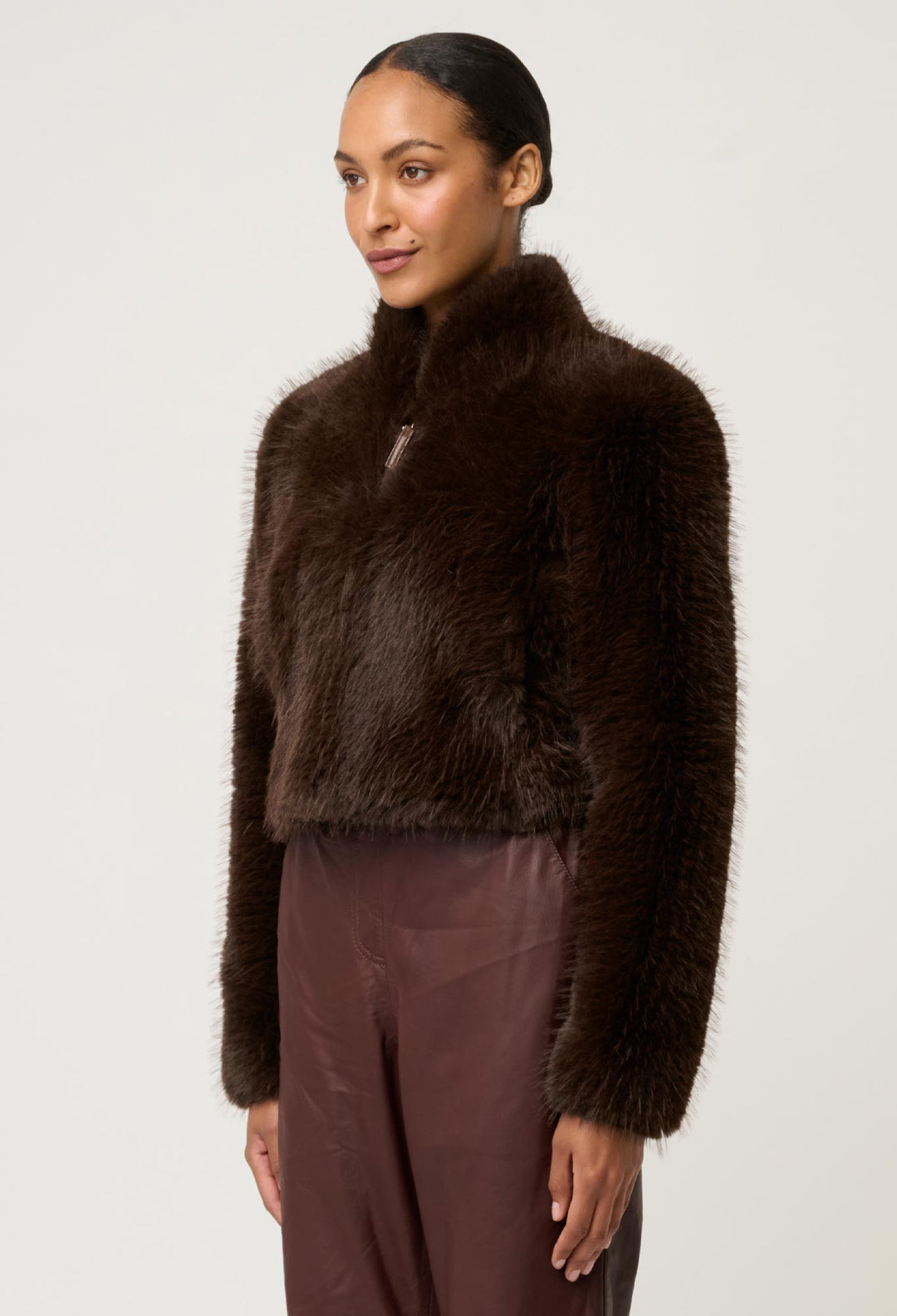 Once Was | Dawn Faux Fur Cropped Jacket | Walnut - Dutch Hideout