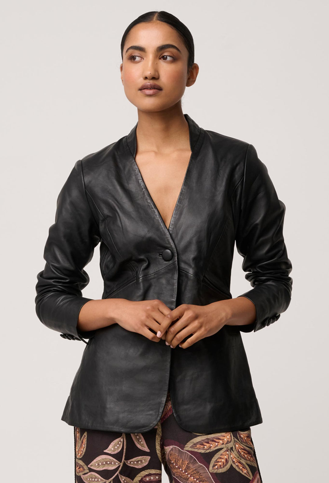 Once Was | Calypso Genuine Leather Panelled Blazer | Black