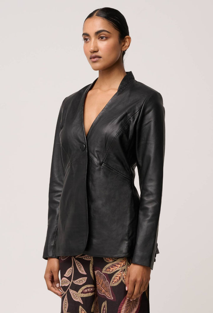 Once Was | Calypso Genuine Leather Panelled Blazer | Black