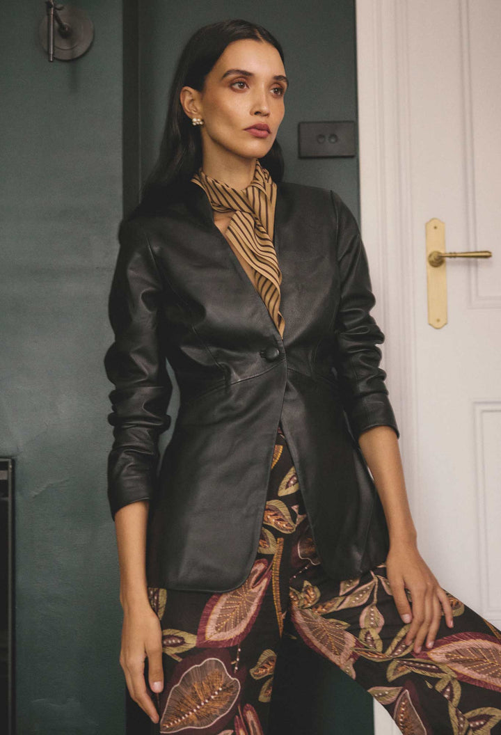 Once Was | Calypso Genuine Leather Panelled Blazer | Black