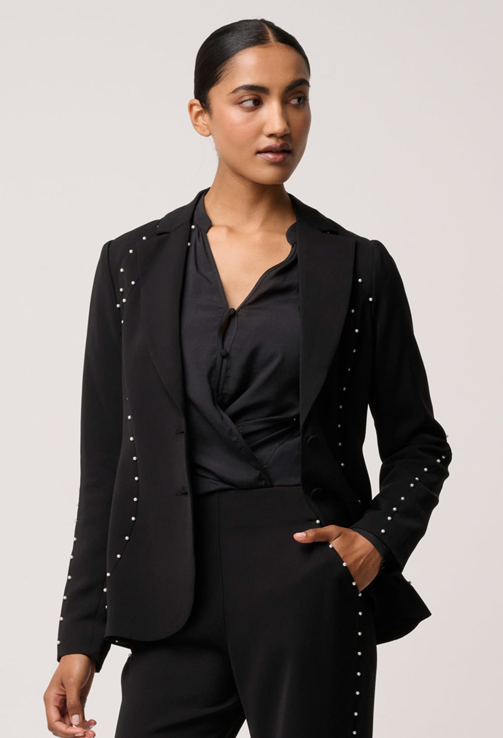 Once Was | Marcela Pearl Embellished Viscose Stretch Blazer | Black - Dutch Hideout
