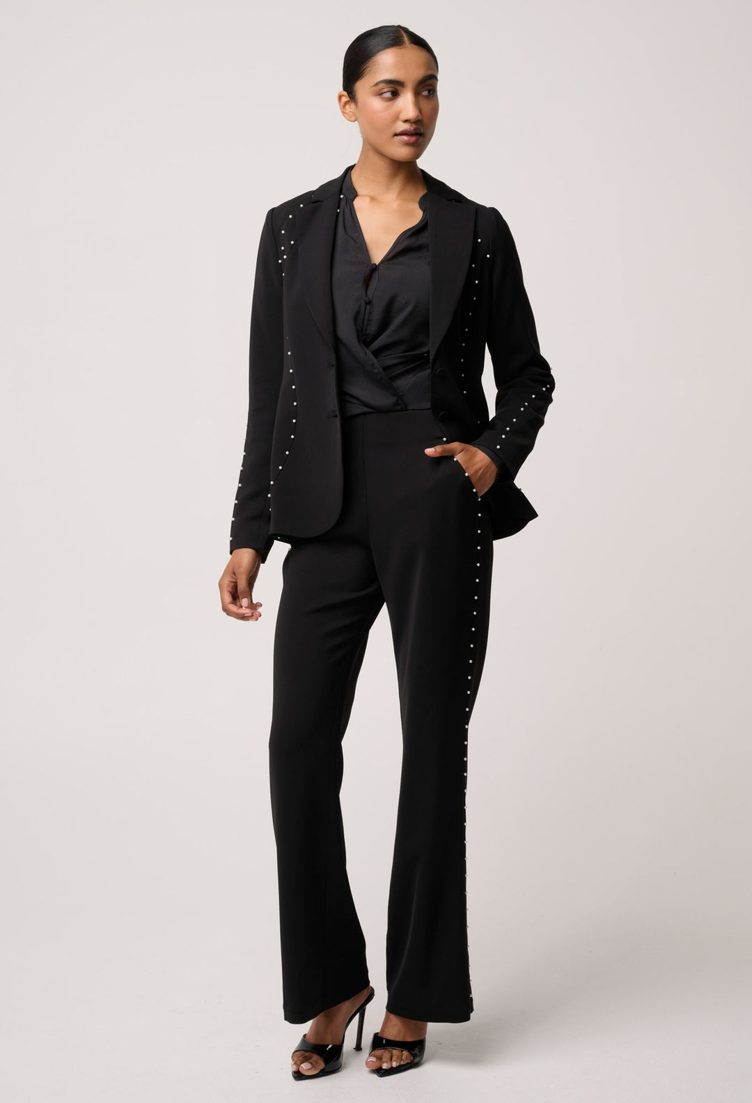 Once Was | Marcela Pearl Embellished Viscose Stretch Blazer | Black - Dutch Hideout