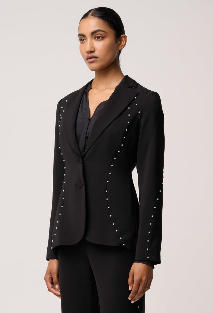 Once Was | Marcela Pearl Embellished Viscose Stretch Blazer | Black - Dutch Hideout