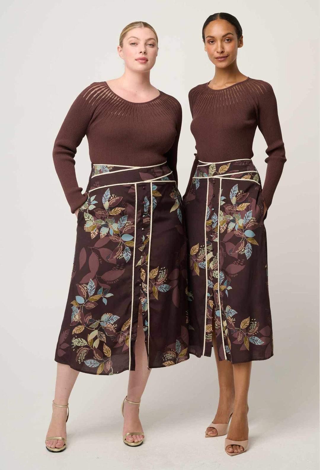 Once Was | Harper Viscose Faille Criss Cross Waist Panel Skirt | Ember Vines - Dutch Hideout