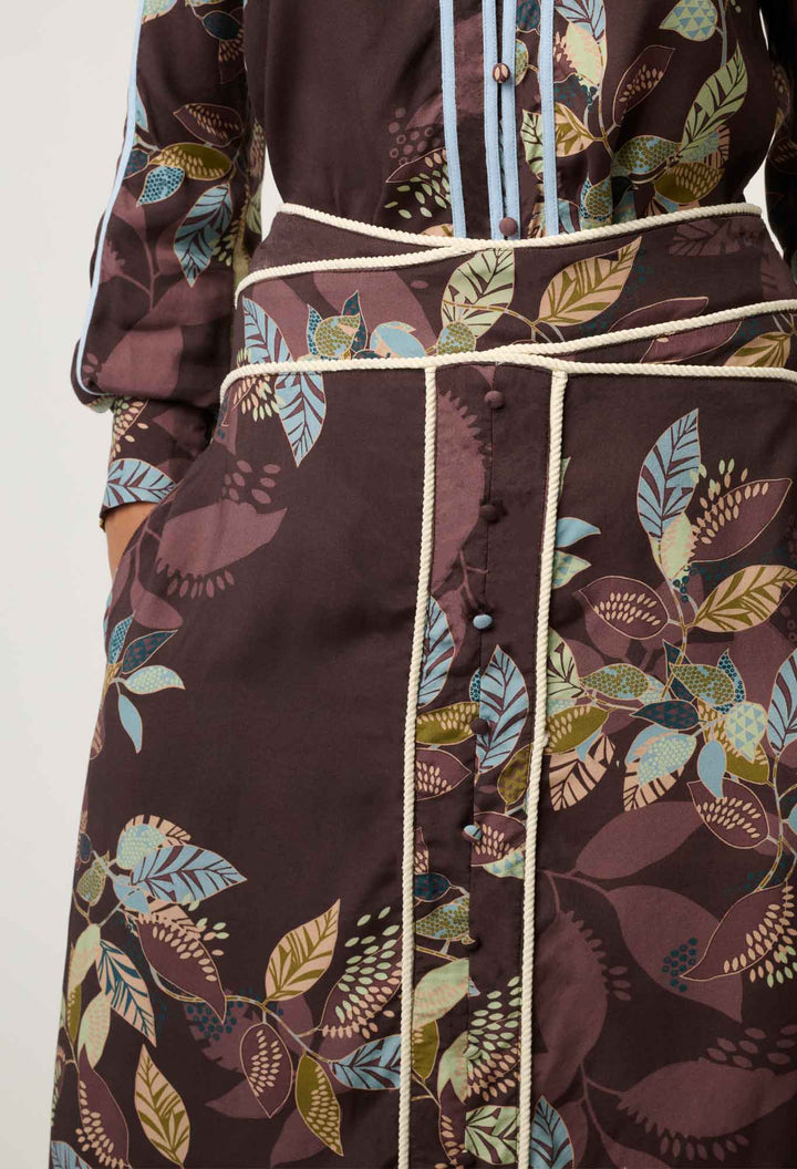 Once Was | Harper Viscose Faille Criss Cross Waist Panel Skirt | Ember Vines - Dutch Hideout