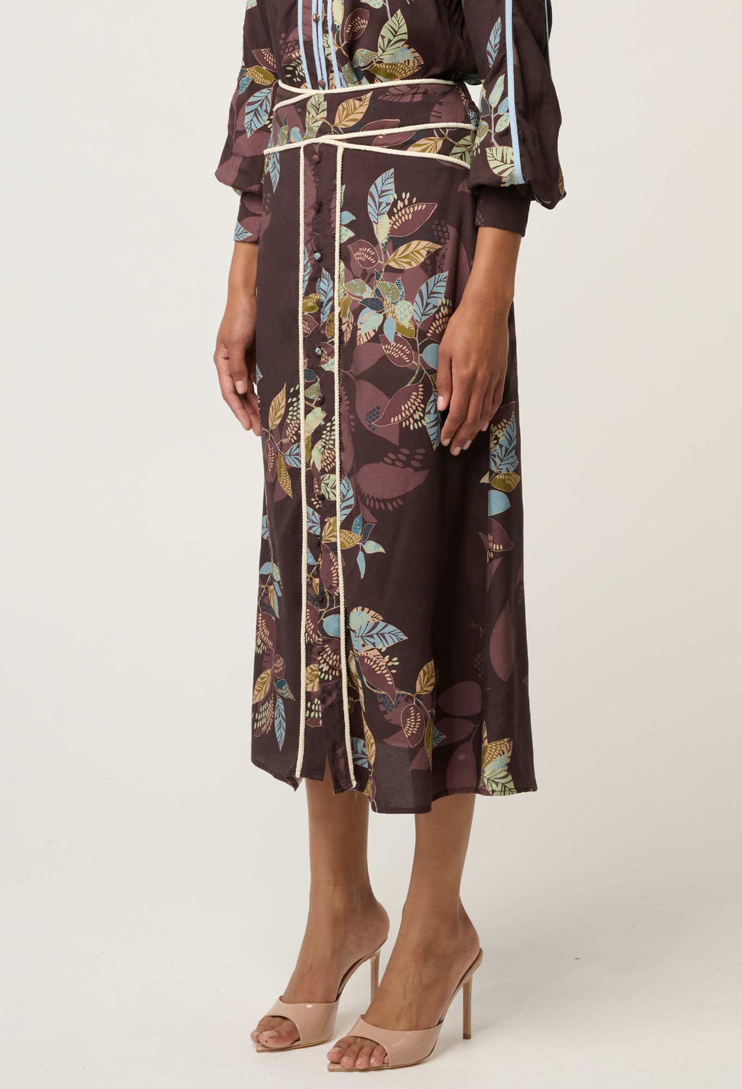 Once Was | Harper Viscose Faille Criss Cross Waist Panel Skirt | Ember Vines - Dutch Hideout