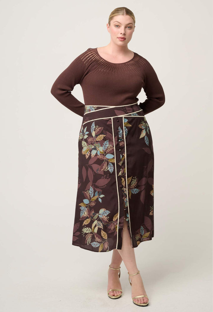 Once Was | Harper Viscose Faille Criss Cross Waist Panel Skirt | Ember Vines - Dutch Hideout
