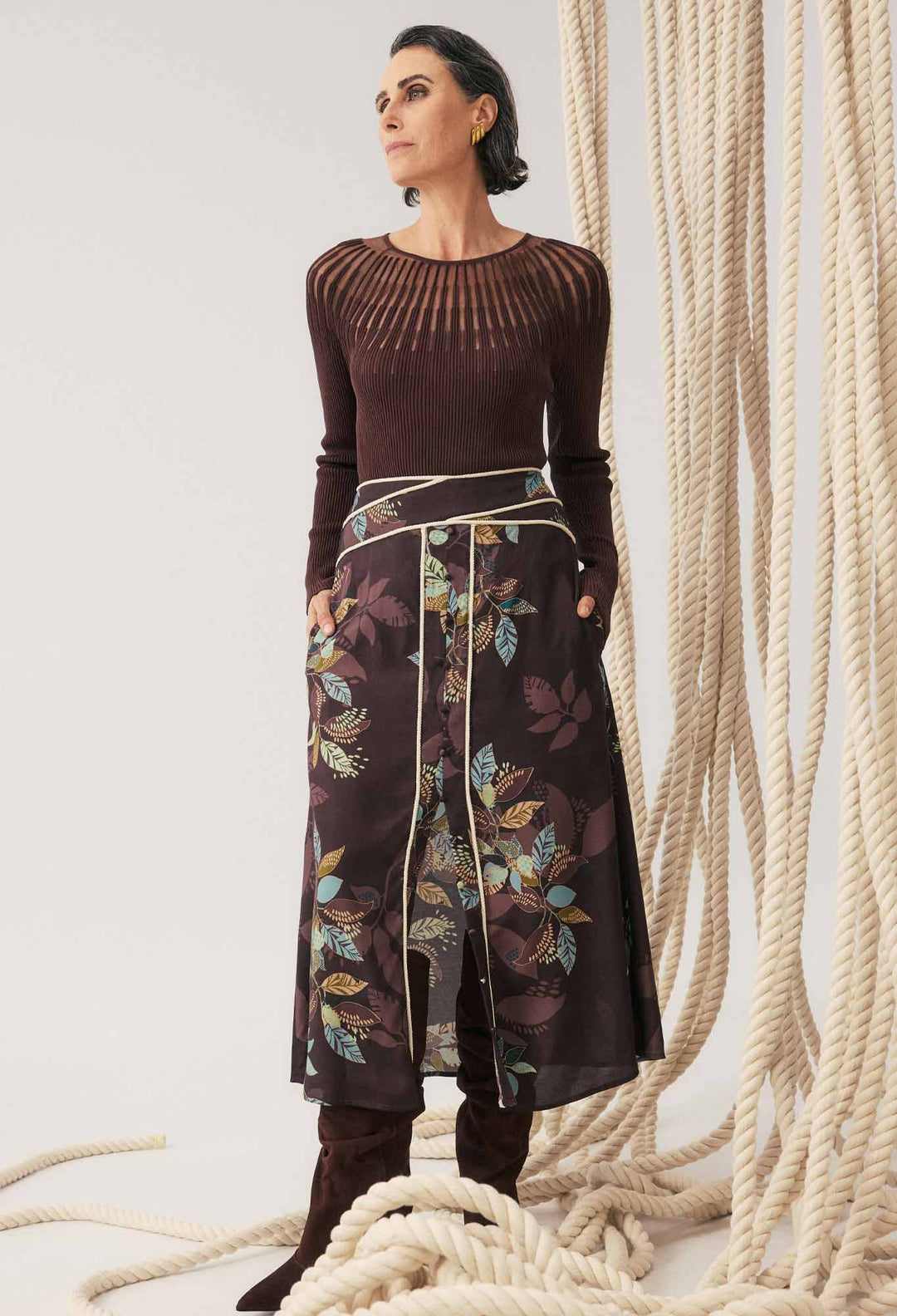 Once Was | Harper Viscose Faille Criss Cross Waist Panel Skirt | Ember Vines - Dutch Hideout