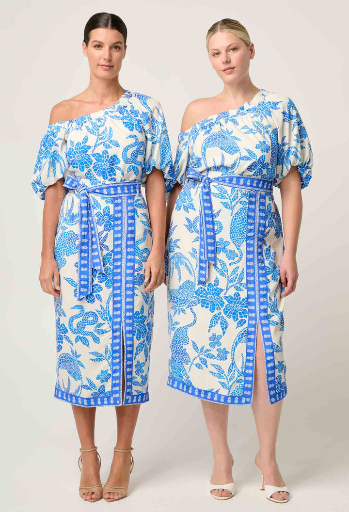 Once Was | Zenobia Viscose Dobby Midi Skirt | Azure Mosaic