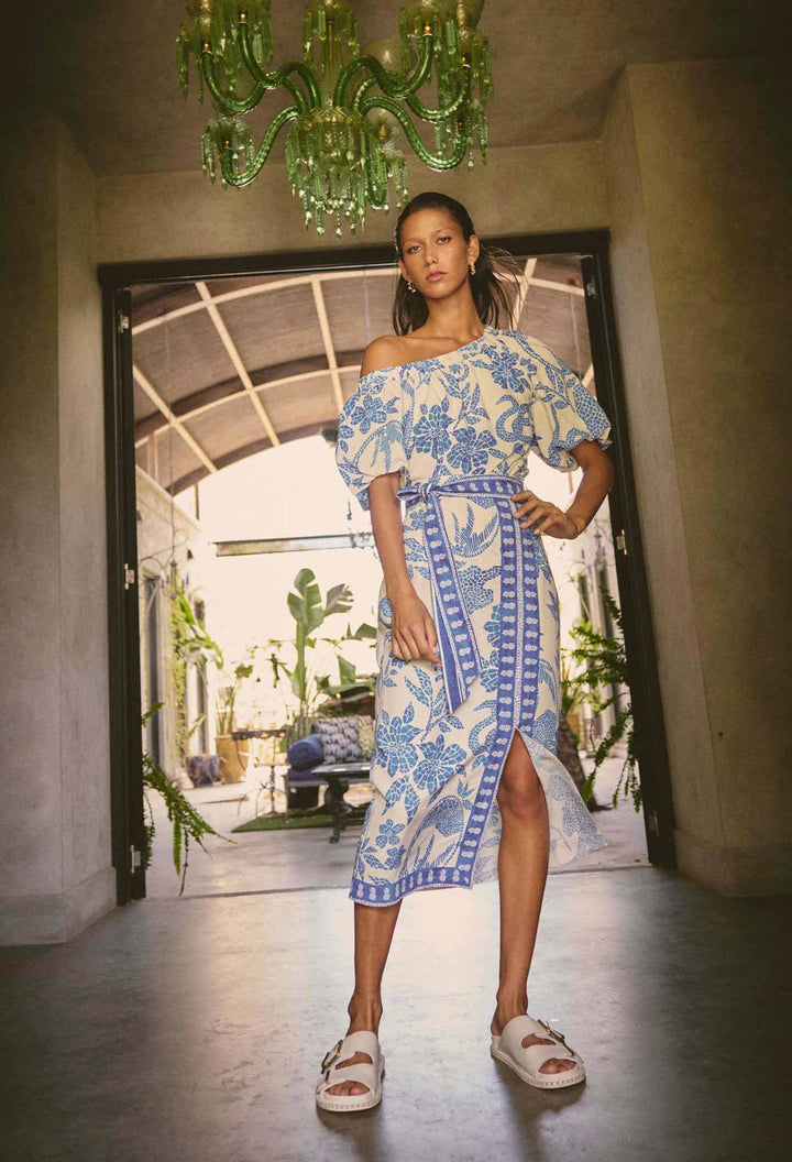 Once Was | Zenobia Viscose Dobby Midi Skirt | Azure Mosaic