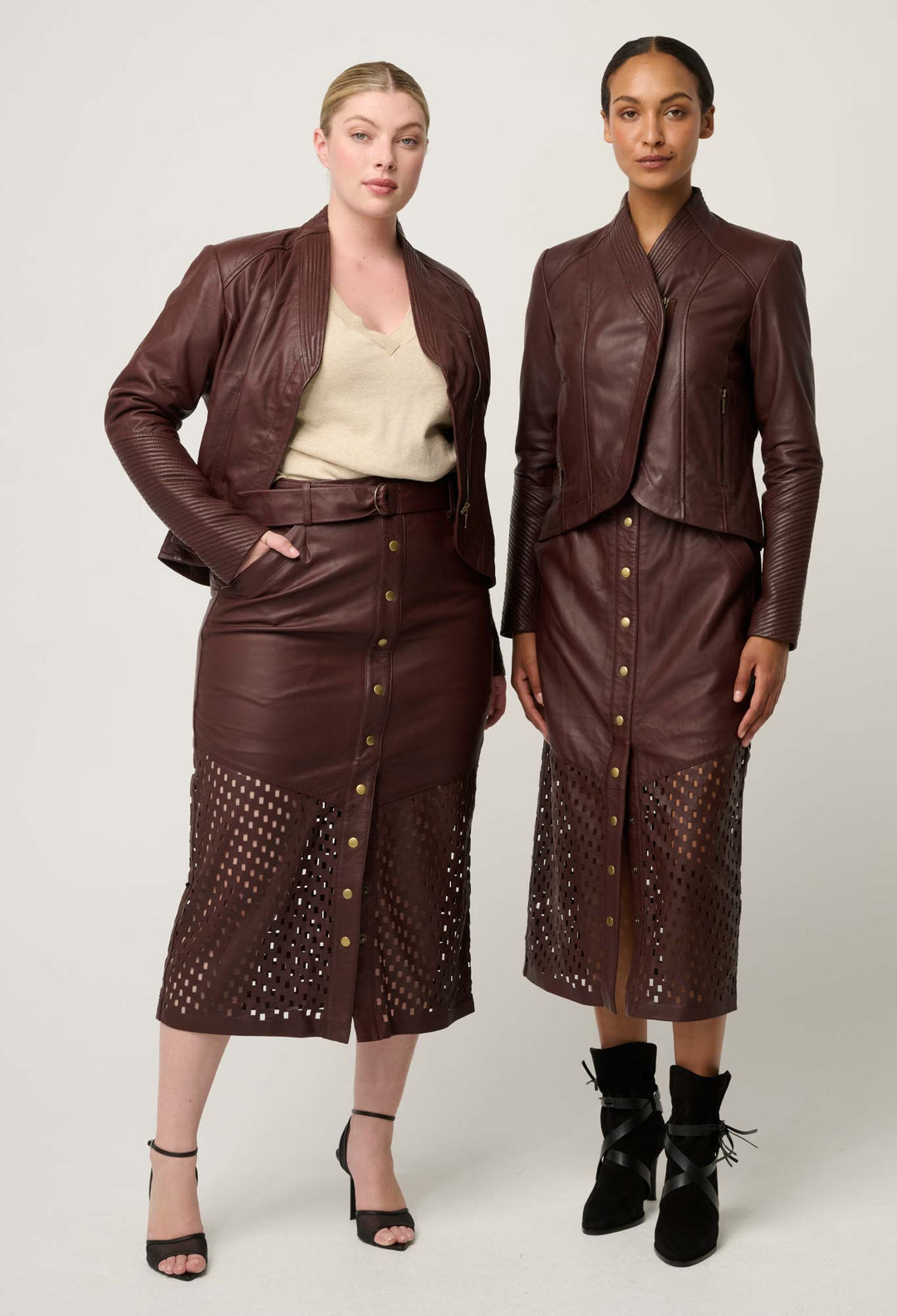 Once Was | Hypnotic Leather Custom Laser Midi Skirt | Oxblood Lattice - Dutch Hideout