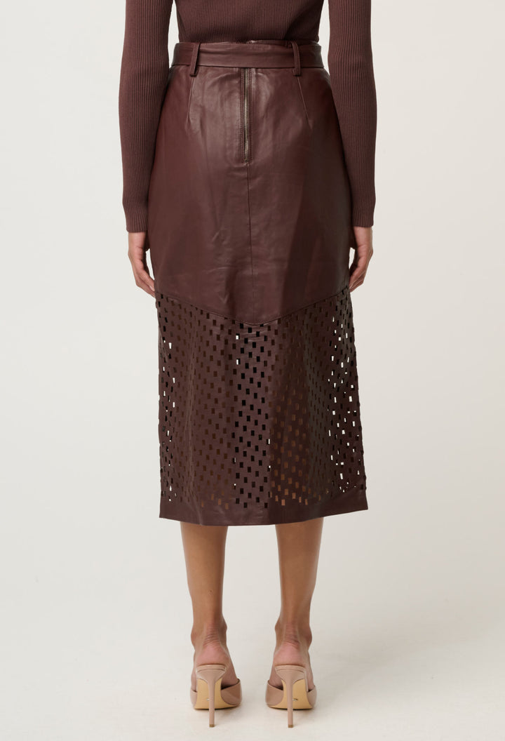 Once Was | Hypnotic Leather Custom Laser Midi Skirt | Oxblood Lattice - Dutch Hideout
