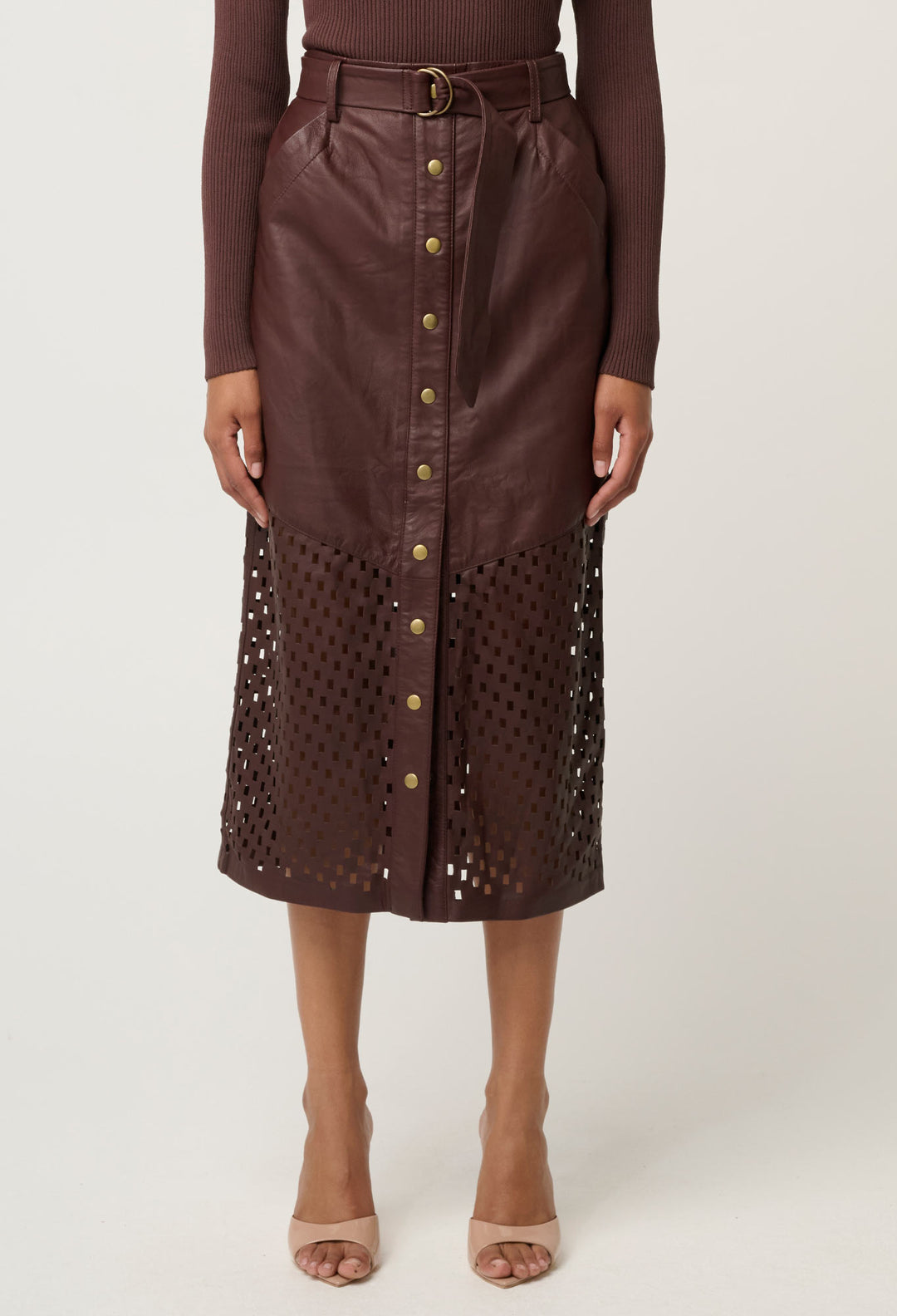 Once Was | Hypnotic Leather Custom Laser Midi Skirt | Oxblood Lattice - Dutch Hideout