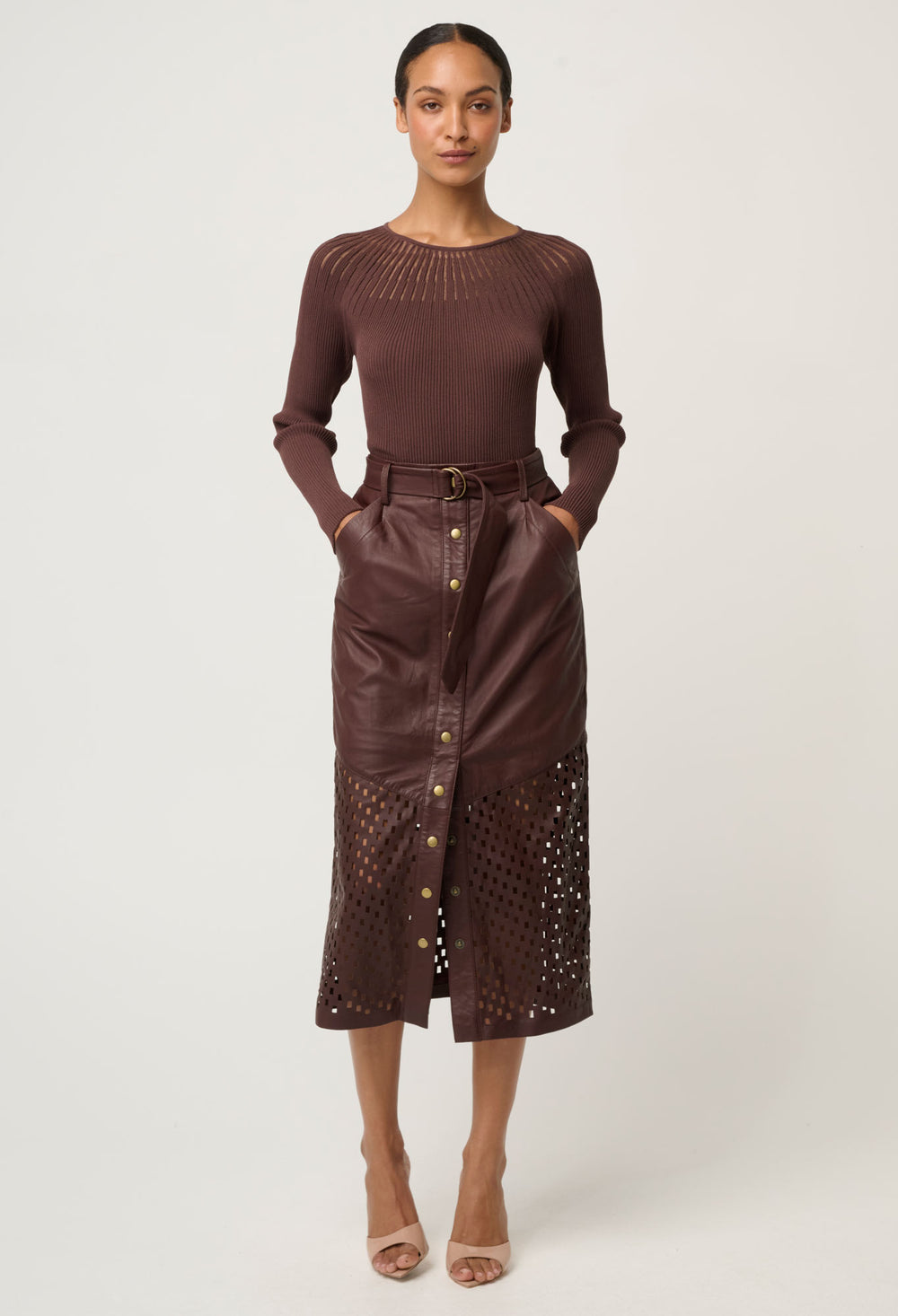Once Was | Hypnotic Leather Custom Laser Midi Skirt | Oxblood Lattice - Dutch Hideout