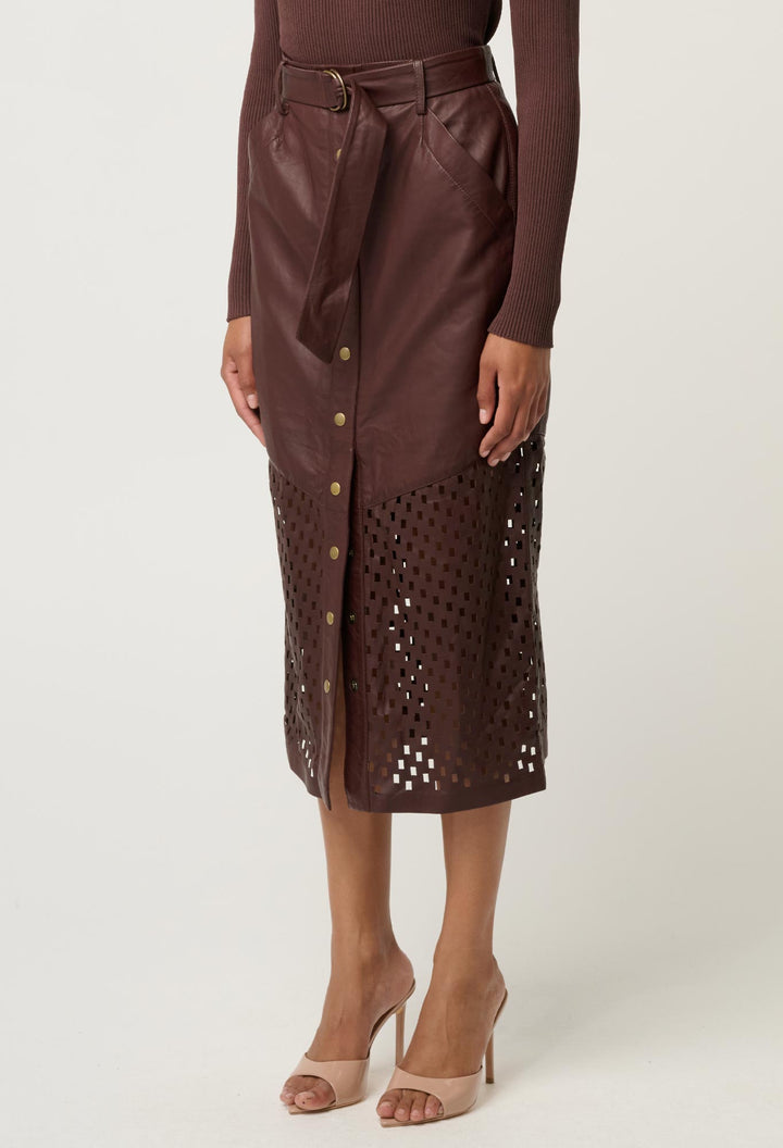 Once Was | Hypnotic Leather Custom Laser Midi Skirt | Oxblood Lattice - Dutch Hideout