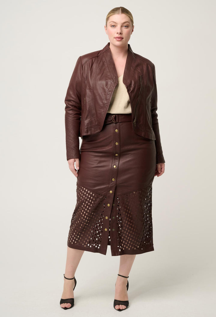 Once Was | Hypnotic Leather Custom Laser Midi Skirt | Oxblood Lattice - Dutch Hideout