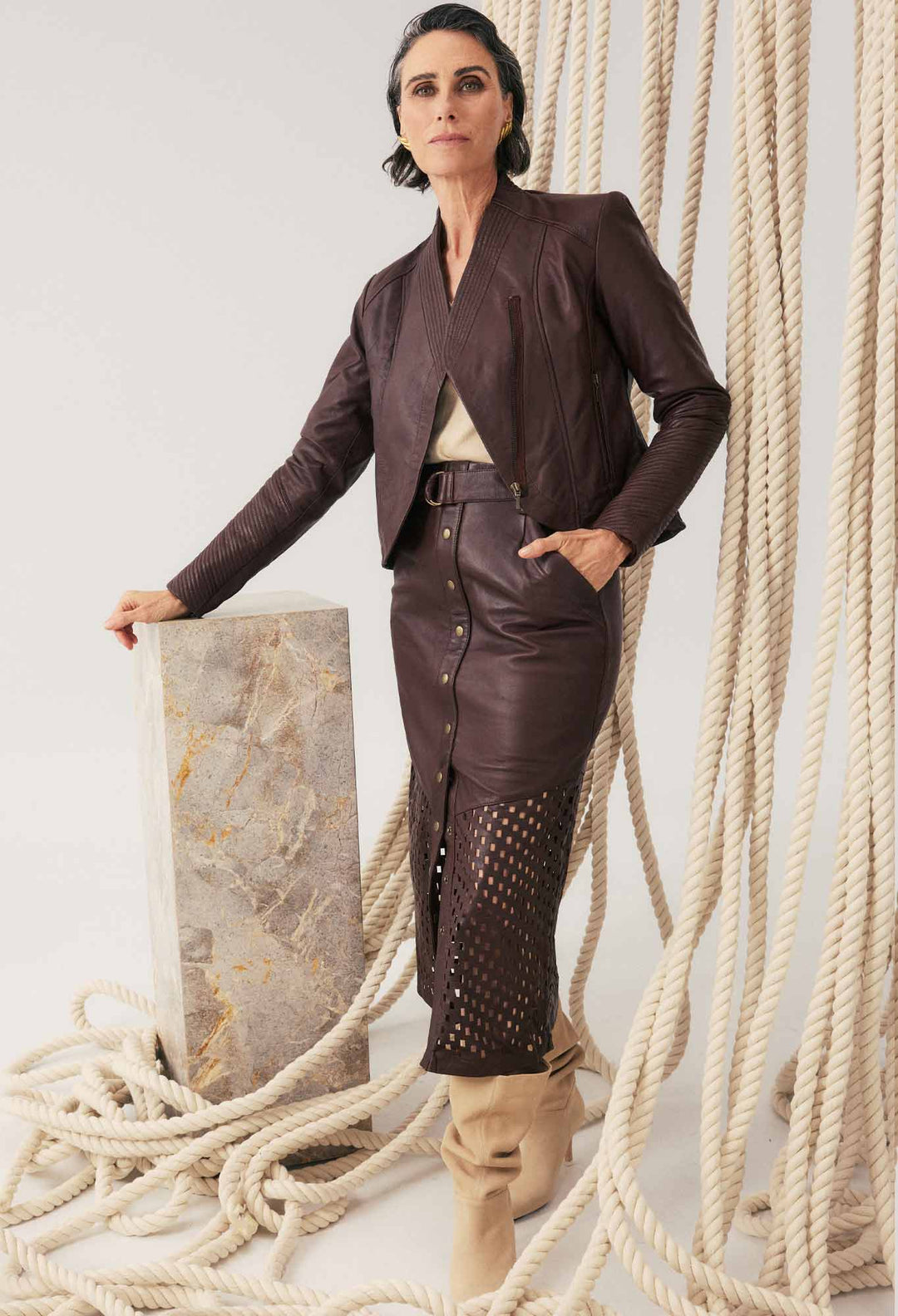 Once Was | Hypnotic Leather Custom Laser Midi Skirt | Oxblood Lattice - Dutch Hideout