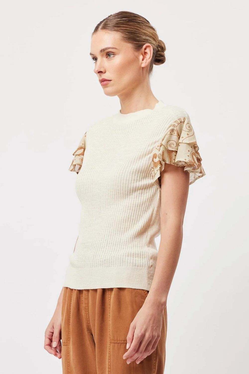 Once Was | Rio Cotton Linen Ruffle Sleeve Knit Top | Bone