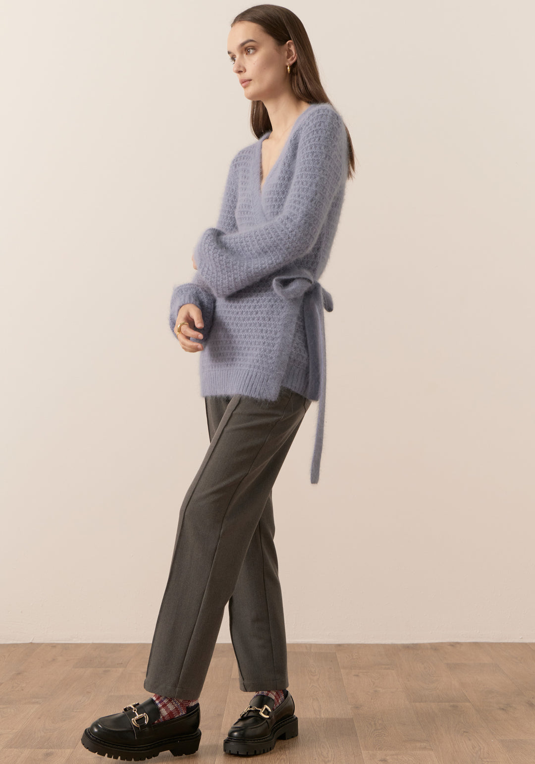 POL Clothing | Genus Pointelle Wrap Cardigan | Blue