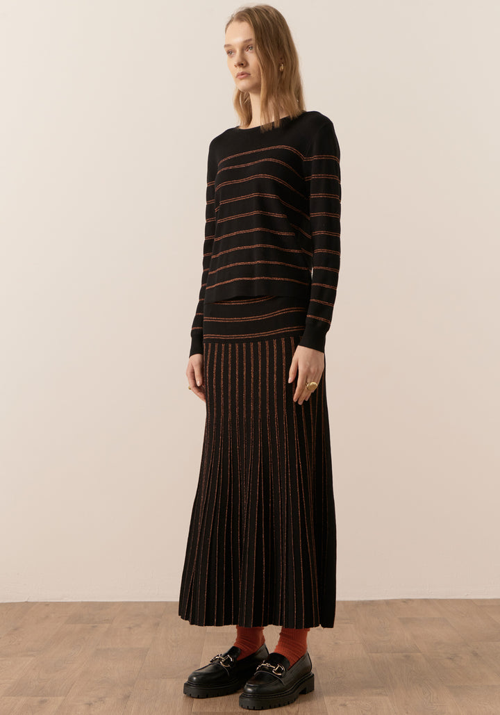 POL Clothing | Gizelle Lurex Pleat Skirt | Black Copper