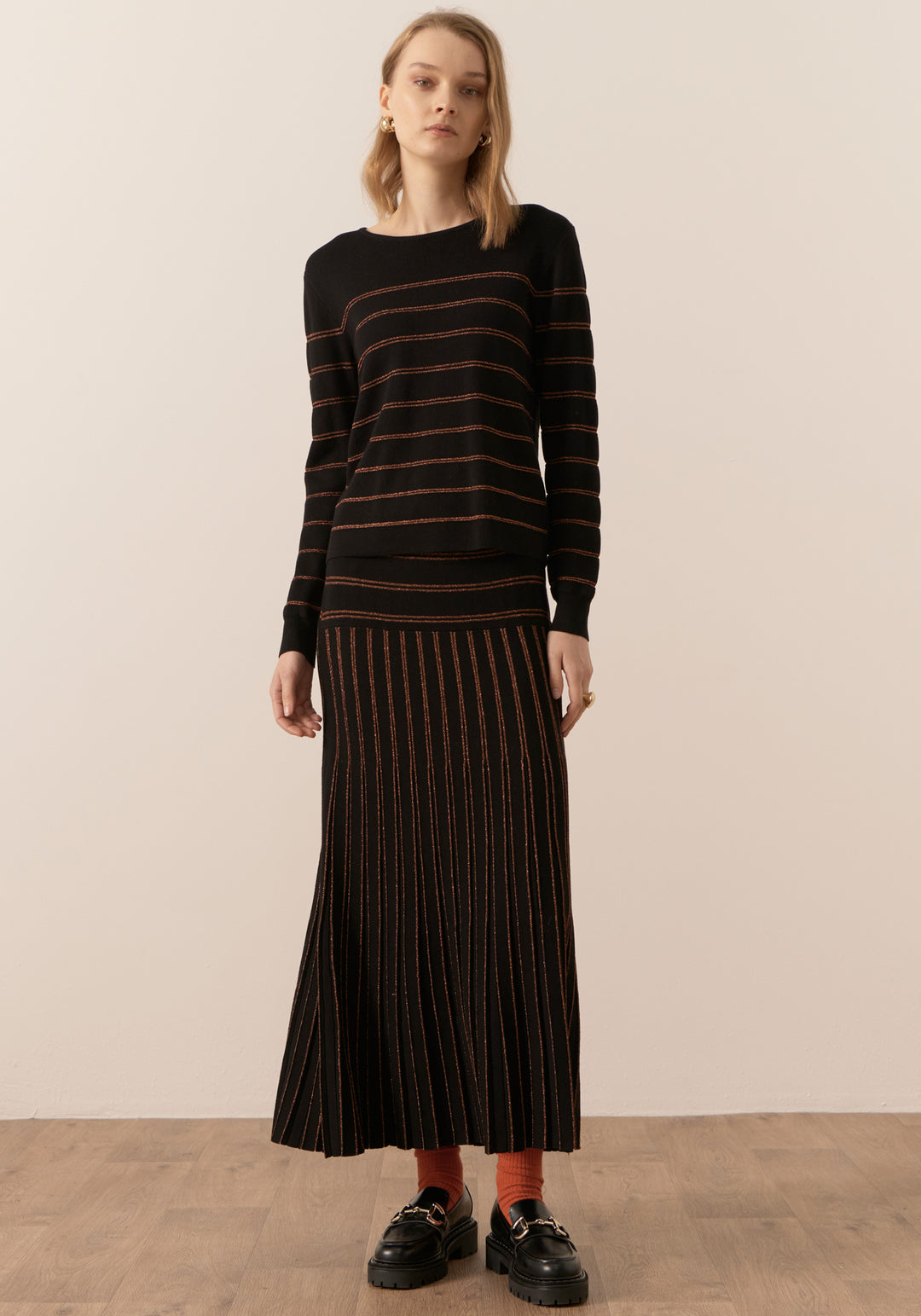 POL Clothing | Gizelle Lurex Striped Knit | Black / Copper
