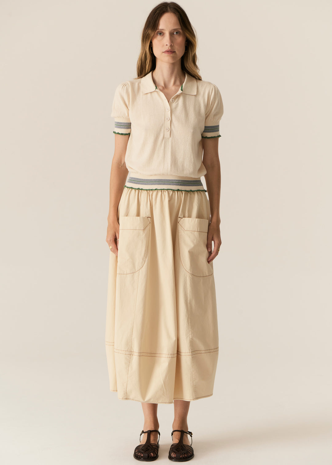 Pol Clothing | Lask Knit Polo | Ecru/Green