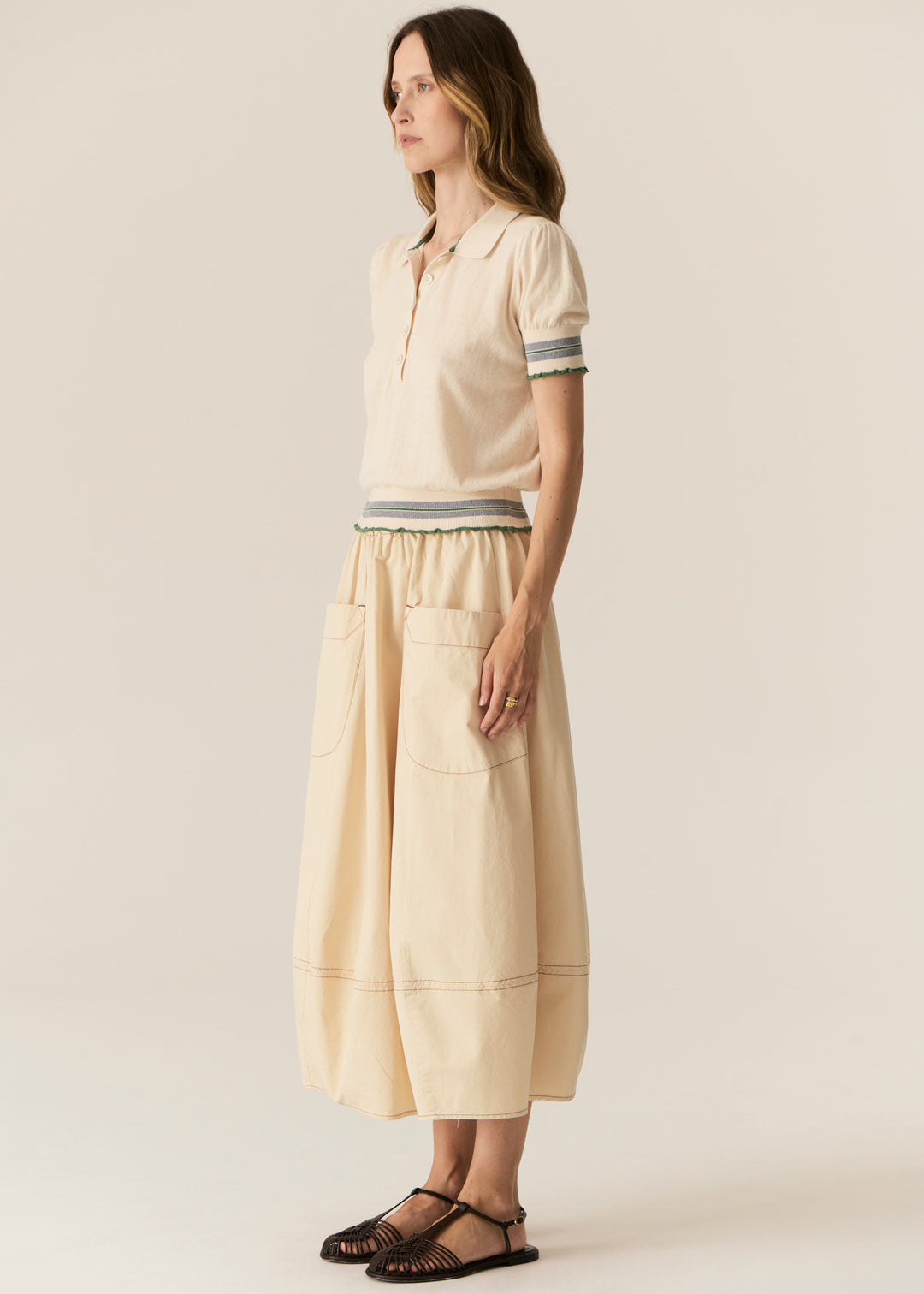 Pol Clothing | Lask Knit Polo | Ecru/Green