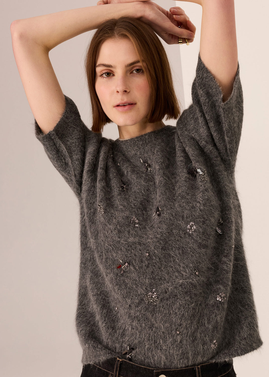 POL Clothing | Haviland Beaded Knit Tee | Charcoal
