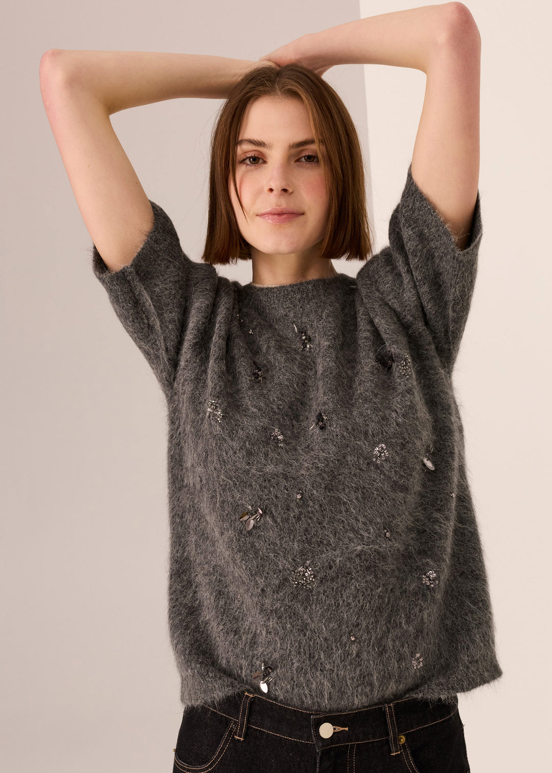 POL Clothing | Haviland Beaded Knit Tee | Charcoal